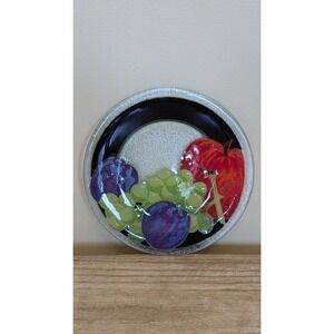 Peggy Karr Fruit Apple Plums Grapes Fused Art Glass 8" Round  Plate SIGNED